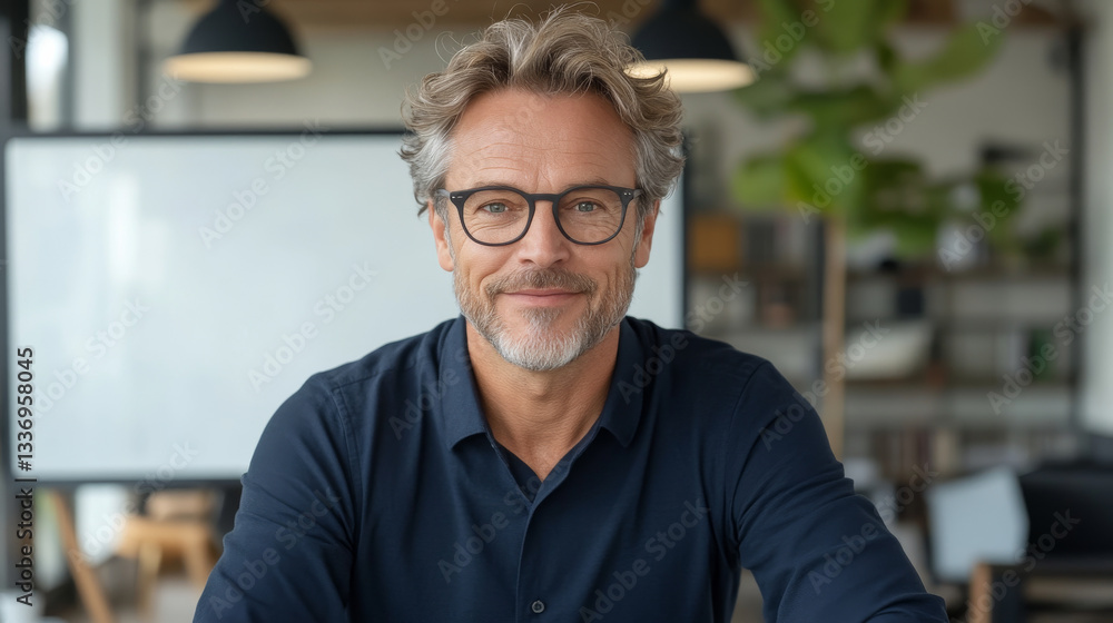 confident man with glasses smiles warmly in modern office setting, showcasing professional atmosphere filled with greenery and natural light confident man with glasses smiles warmly in modern office setting, showcasing professional atmosphere filled with greenery and natural light