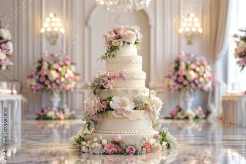 A Beautiful Giant Wedding Cake Adorned with Flowers, a Sweet Centerpiece for Celebration and Love