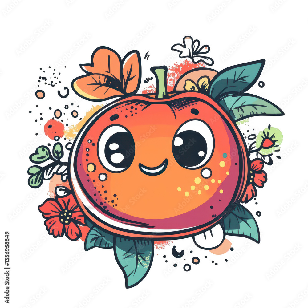 Obraz premium Cute Cartoon Orange Character Surrounded by Colorful Flowers and Leaves