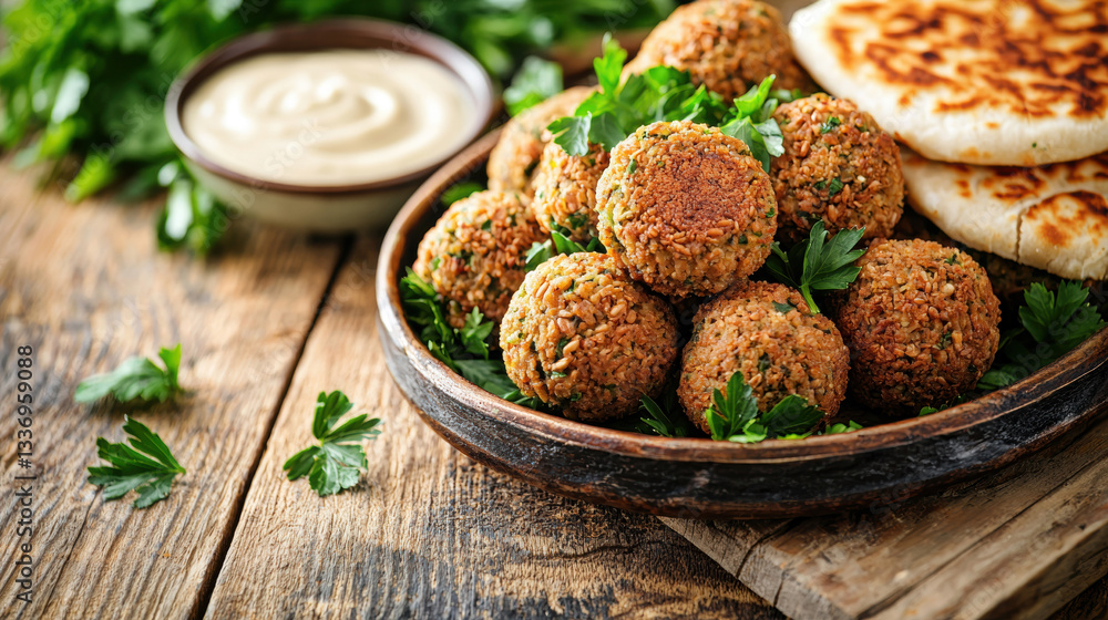 Crispy falafel with tahini sauce and pita on rustic tray, flavorful Middle Eastern cuisine in warm setting, appetizing vegetarian photo Crispy falafel with tahini sauce and pita on rustic tray, flavorful Middle Eastern cuisine in warm setting, appetizing vegetarian photo