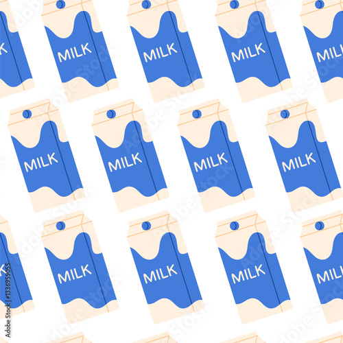 Seamless pattern of milk in paper box. Dairy product. Healthy food lifestyle. Vector illustration in cartoon style. Isolated on white background	
