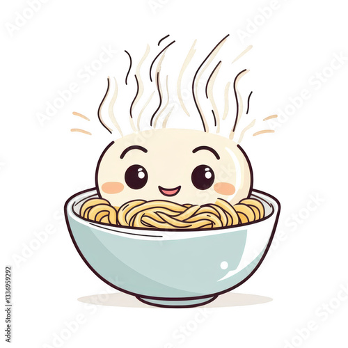 Cute Cartoon Character Enjoying Steaming Bowl of Noodles