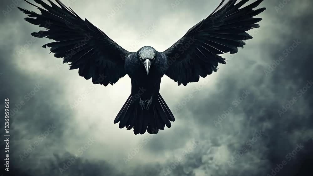 Dark bird of prey soars through ominous sky showcasing powerful wings and striking presence