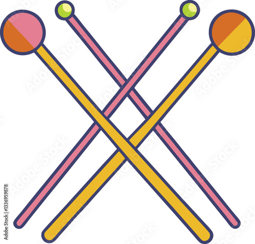 Vector illustration of crossed knitting needles, A vibrant vector design of four crossed knitting needles with colorful rounded tips, symbolizing crafting and knitting.
