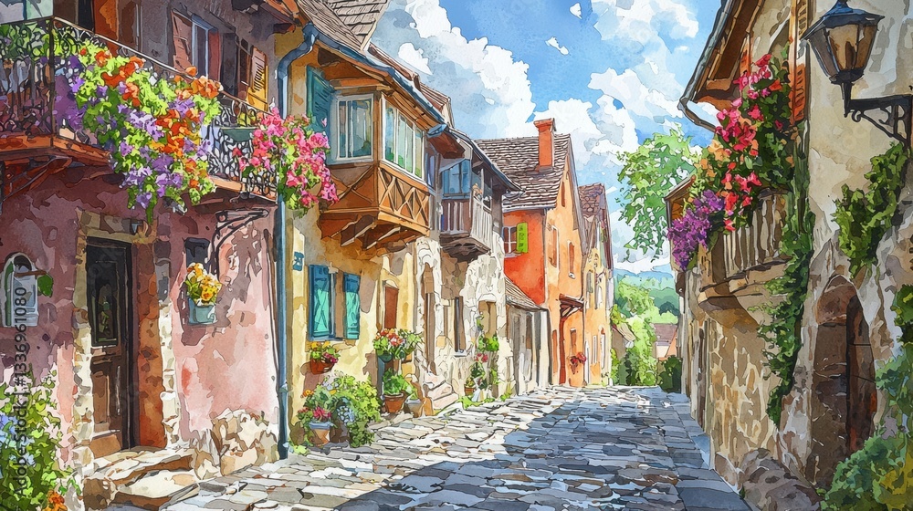 Obraz premium A peaceful village street features vibrant houses adorned with flowers. Bright sunshine illuminates the cobblestone path, creating a serene atmosphere