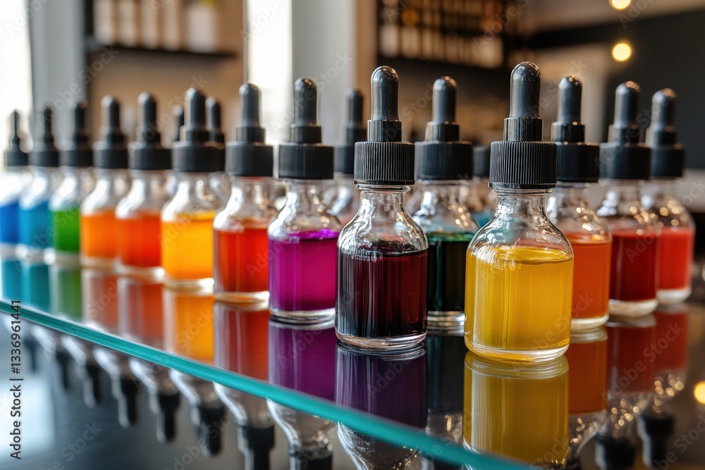 Variety of vibrant hair dye bottles arranged on a glass shelf Generative AI Variety of vibrant hair dye bottles arranged on a glass shelf Generative AI