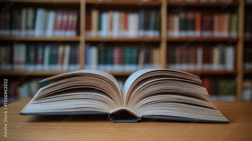 A classic scene with an open book resting on a wooden table, ideal for use in educational or literary settings A classic scene with an open book resting on a wooden table, ideal for use in educational or literary settings