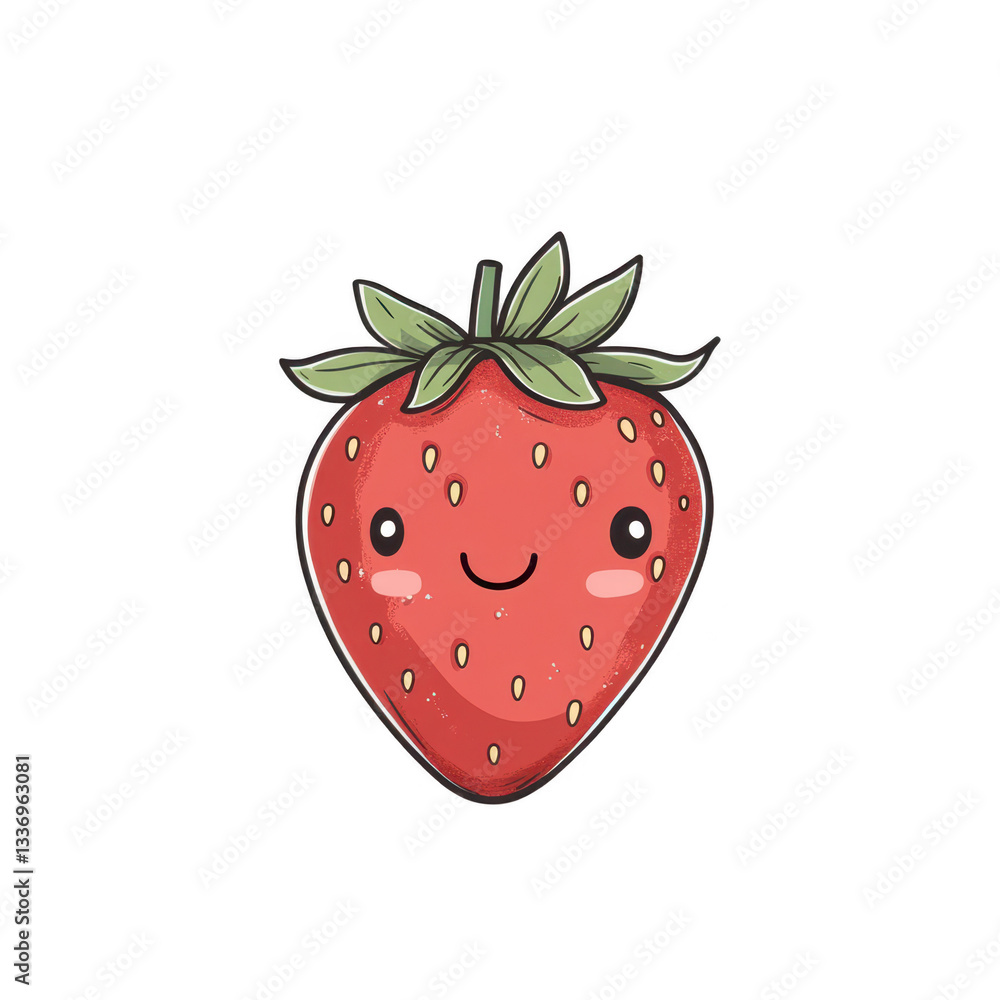Cute Cartoon Strawberry Character with Smiling Face and Leaves Cute Cartoon Strawberry Character with Smiling Face and Leaves