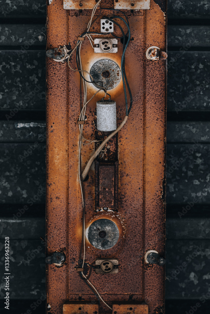 Fototapeta premium Rusted Electrical Panel with Exposed Wiring and Vintage Components
