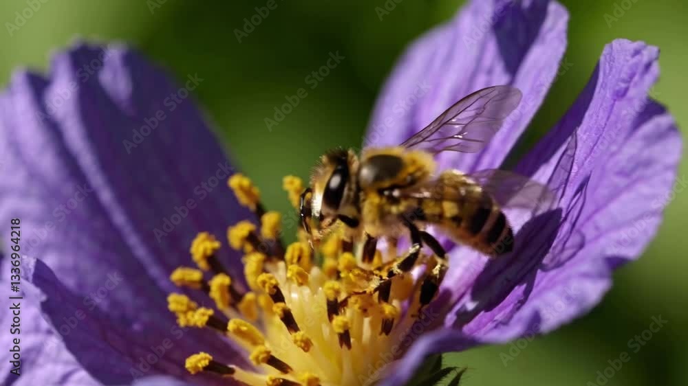 Close-Up of Bee Delicately Landing on Vibrant Purple Flower Petals in Nature's Garden Close-Up of Bee Delicately Landing on Vibrant Purple Flower Petals in Nature's Garden