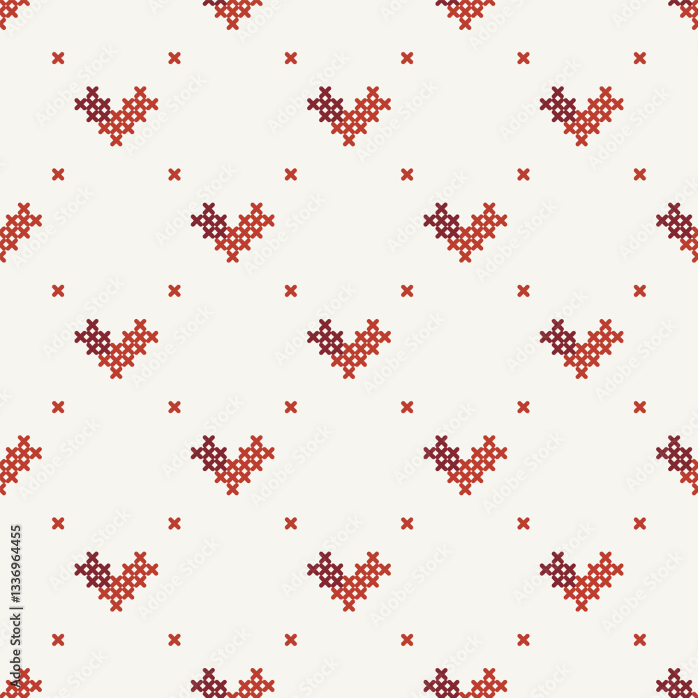 Obraz premium Colourful cute heart pixel seamless vector pattern. Pattern cross stitch with heart. Winter knitted checkered for Christmas theme for fabric, scarves, cards, scrapbooks, wrapping paper, and textiles