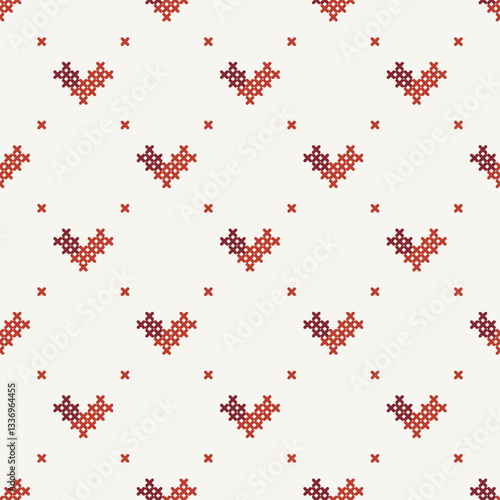 Colourful cute heart pixel seamless vector pattern. Pattern cross stitch with heart. Winter knitted checkered for Christmas theme for fabric, scarves, cards, scrapbooks, wrapping paper, and textiles
