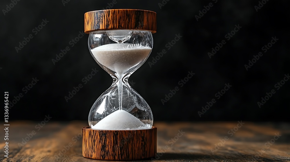 Hourglass on wood, dark background