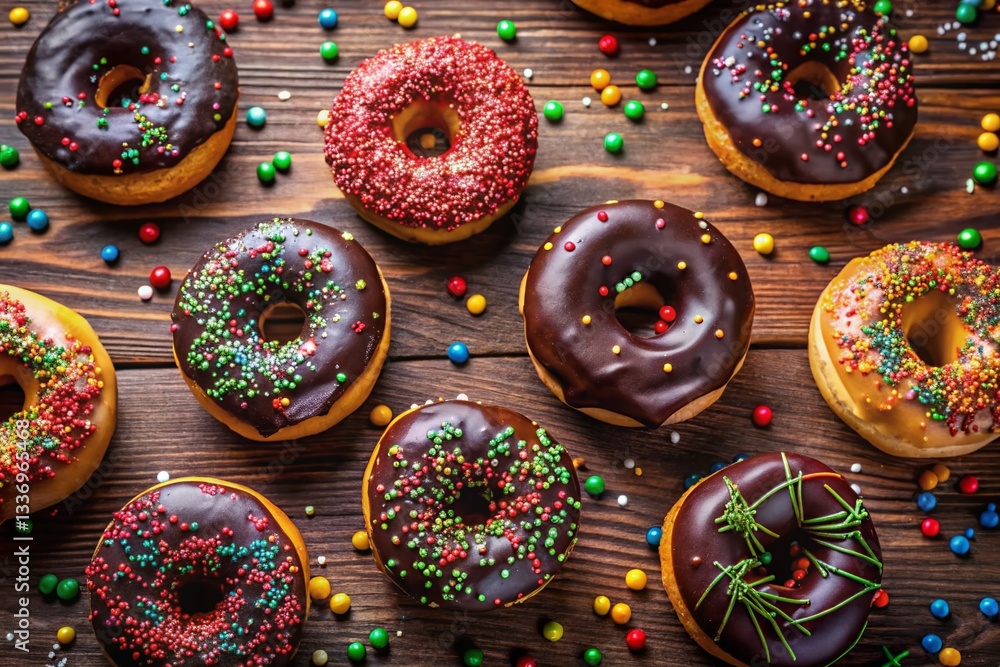 Fototapeta premium Aerial View of Festive Donuts with Chocolate Icing and Sprinkles