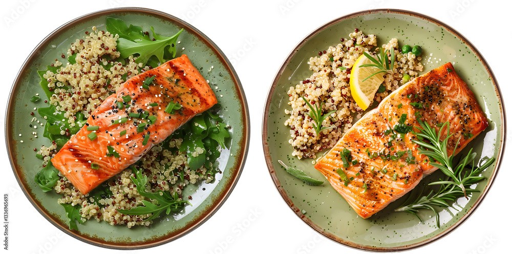 A top view of grilled salmon with quinoa on a green plate isolated on a transparent background, detailed photo, png 