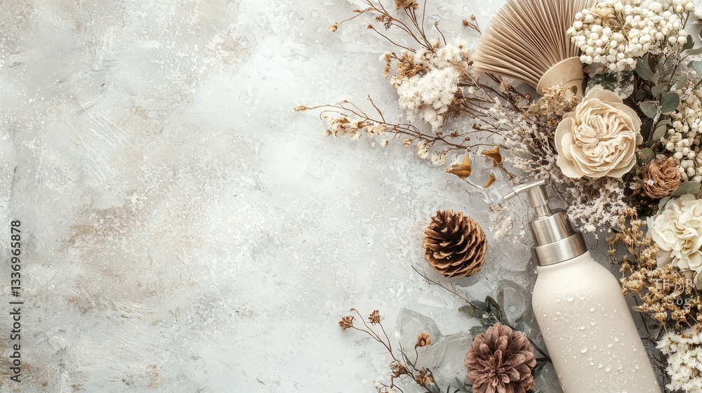 Obraz premium A serene arrangement of dried flowers, natural elements, and a spray bottle on a textured background, creating a calming aesthetic.