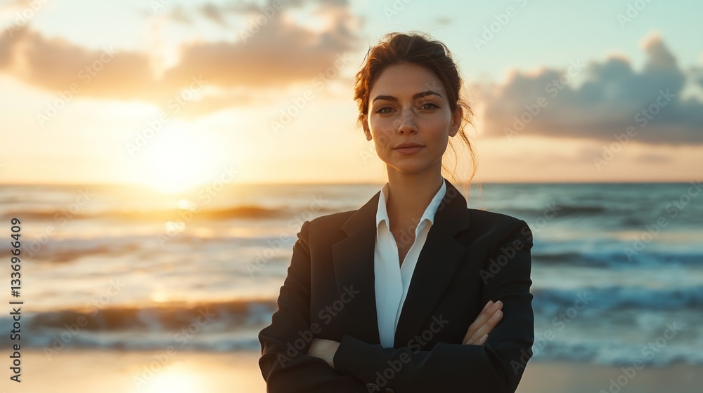 Young caucasian female executive standing confidently on beach at sunset Young caucasian female executive standing confidently on beach at sunset