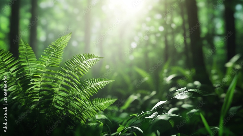 Obraz premium Lush green forest with sunlit ferns in a serene natural environment