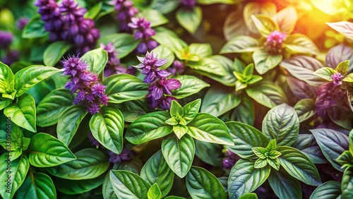 Aerial View of Lush Green and Violet Basil Blossoms in a Vibrant Herb Garden