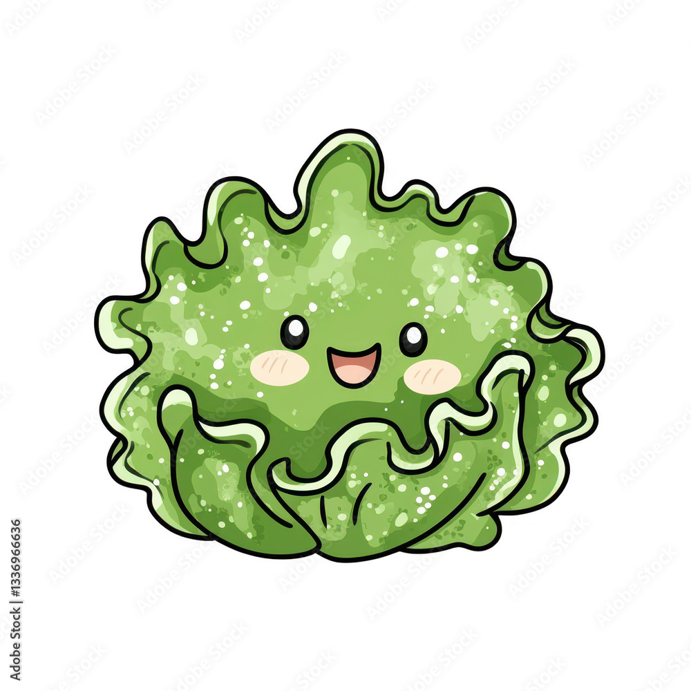 Cute Cartoon Lettuce Character with Happy Expression and Green Color Cute Cartoon Lettuce Character with Happy Expression and Green Color
