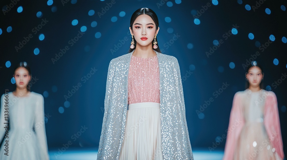 Elegant fashion models walk down the runway showcasing modern designs and stylish outfits against a vibrant, starry backdrop, highlighting the latest trends in contemporary fashion.