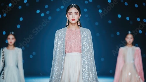 Obraz na płótnie Elegant fashion models walk down the runway showcasing modern designs and stylish outfits against a vibrant, starry backdrop, highlighting the latest trends in contemporary fashion. w salonie
