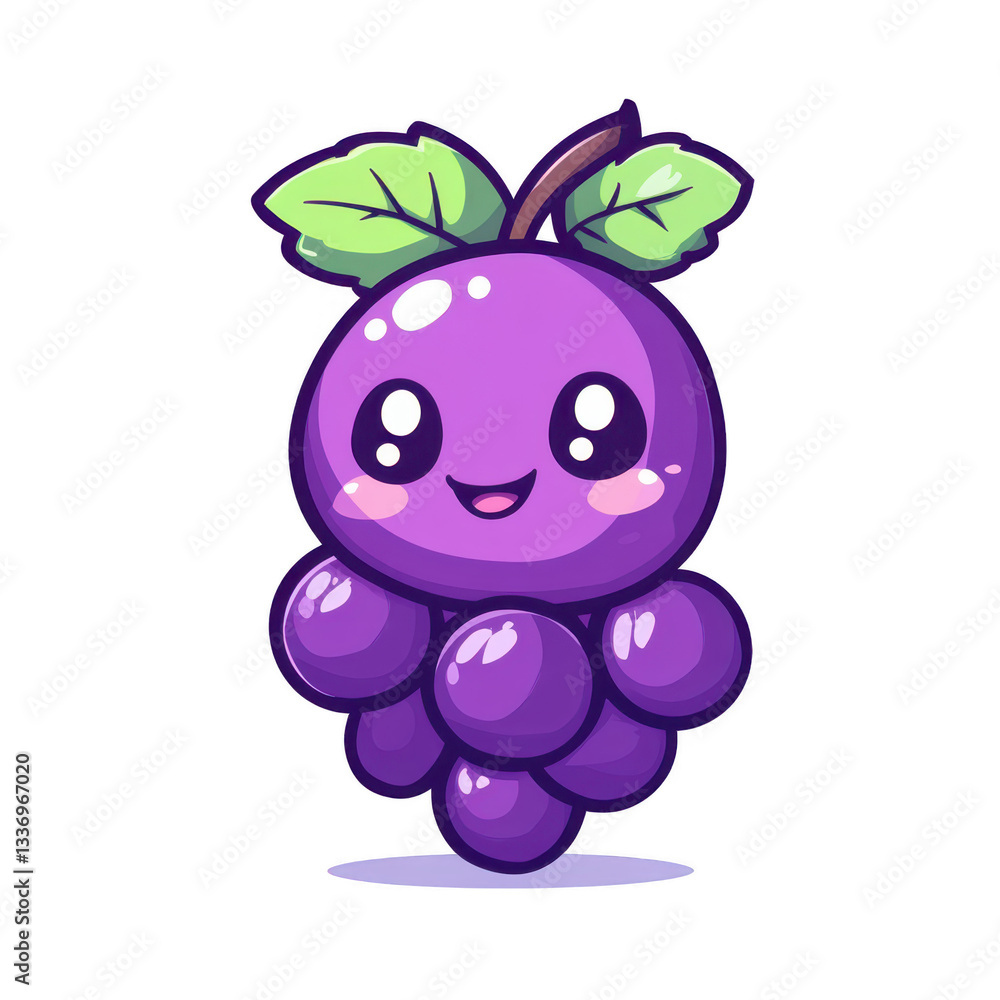 Naklejka premium Cute Cartoon Grape Character with Leaf and Smiling Expression