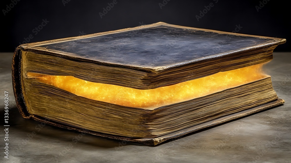 Glowing ancient book on dark surface