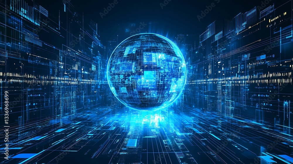 Glowing digital globe in futuristic cityscape