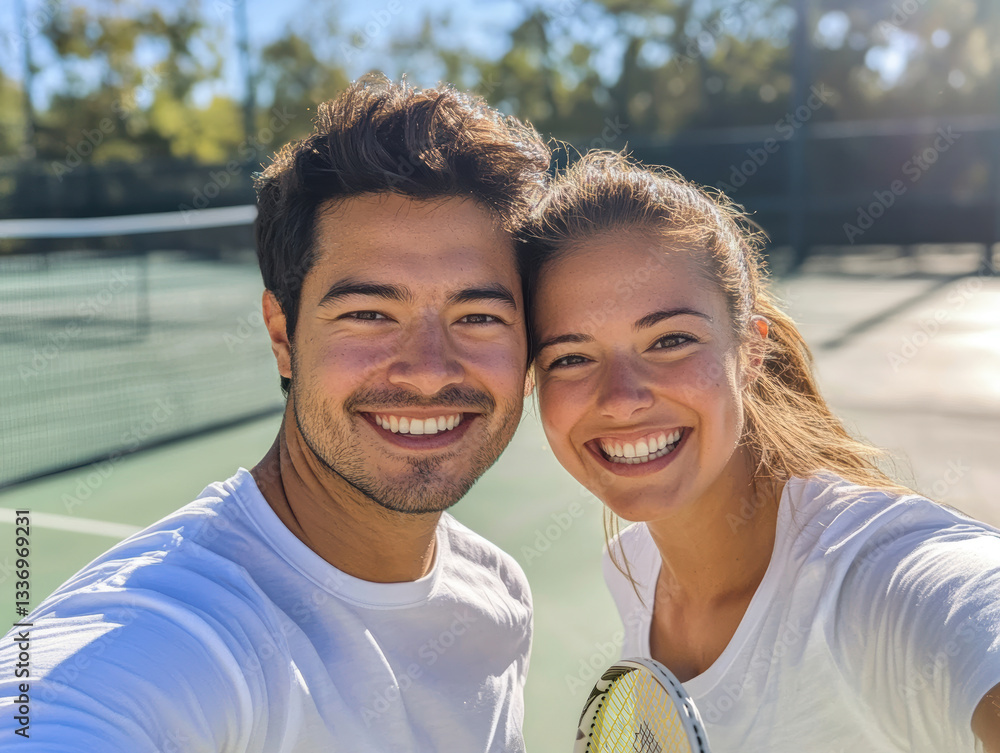 Fit Couple Smiling on Tennis Court After a Fun Match Enjoying an Active Sunny Day