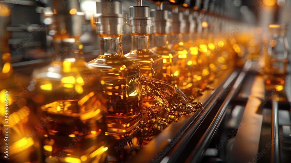Automated bottling line filling glass bottles with golden liquid in factory Automated bottling line filling glass bottles with golden liquid in factory