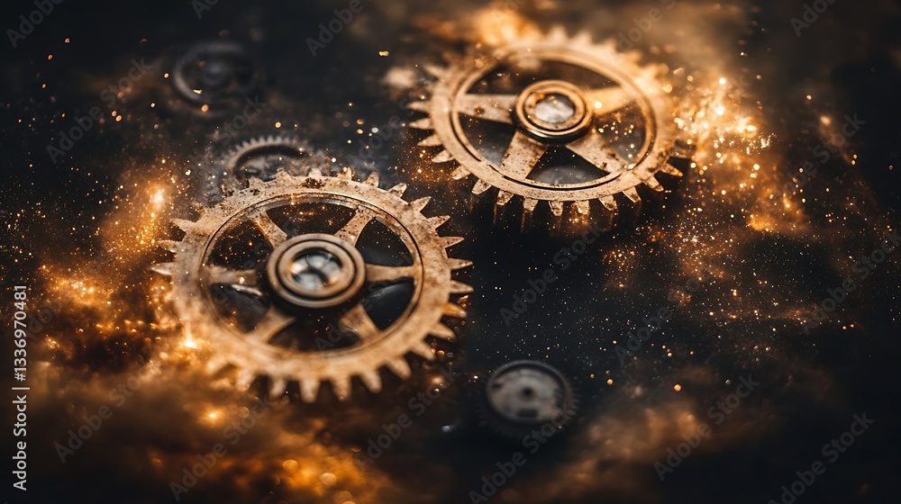 Glowing gears, dark background, steampunk