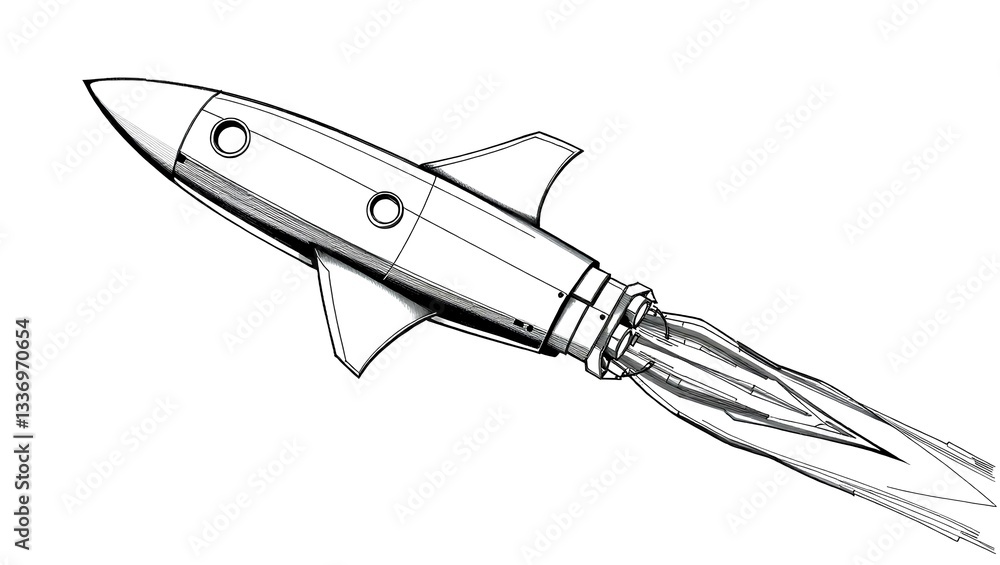 Obraz premium Hand-Drawn Retro Rocket with Flames in Motion