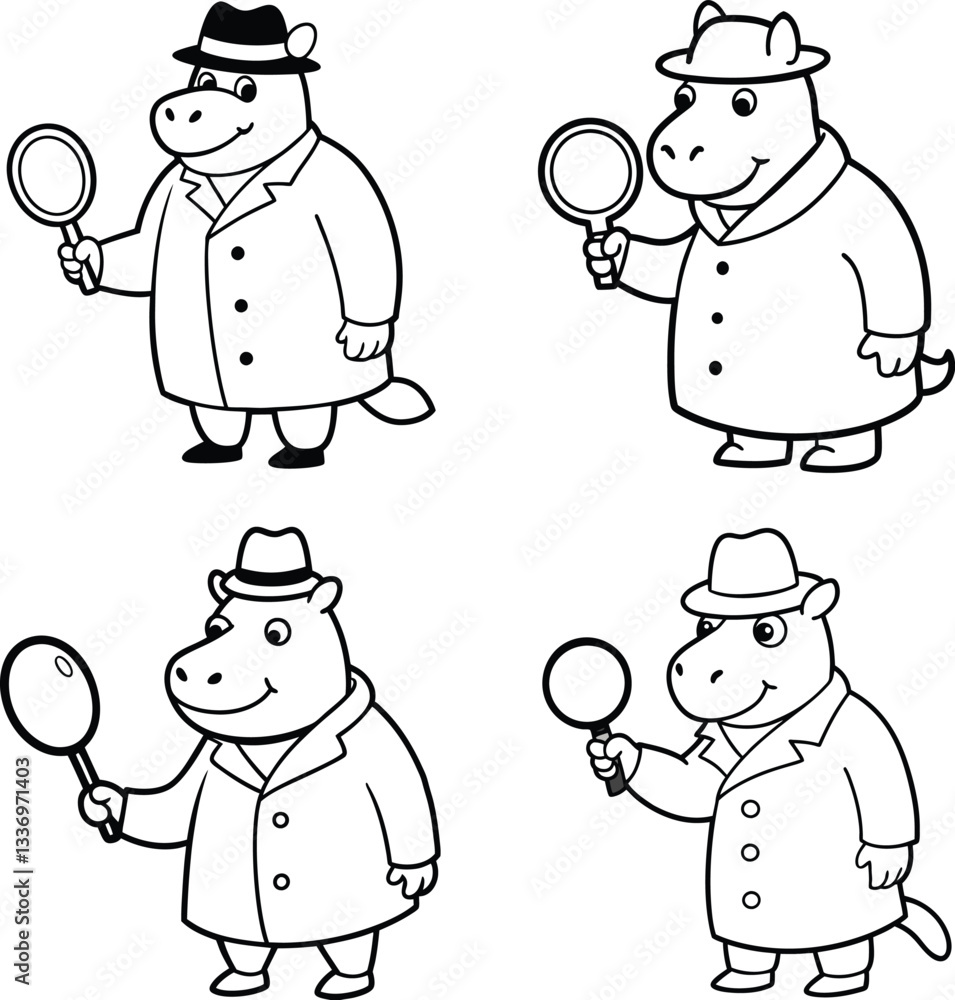 Cute vector illustration set of wild and zoo animals including hippo and more line art coloring page Cute vector illustration set of wild and zoo animals including hippo and more line art coloring page
