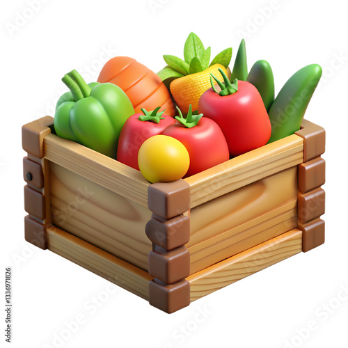 Wooden box filled with fresh vegetables symbolizing healthy supermarket shopping in a 3D render  
