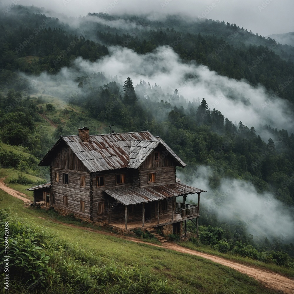 Foggy Mountain Village House – A lonely wooden house perched on a misty hillside, with smoke curling from the chimney and a narrow dirt road leading into the dense forest. Foggy Mountain Village House – A lonely wooden house perched on a misty hillside, with smoke curling from the chimney and a narrow dirt road leading into the dense forest.