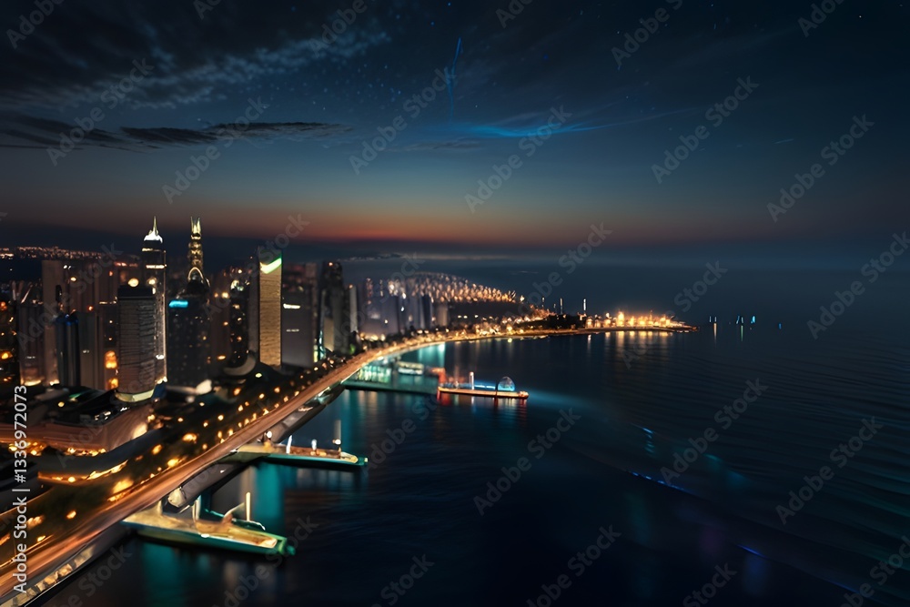 Fototapeta premium City lights reflect on water in a tranquil urban canal at night. Generative AI 