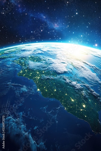 A view of the Earth from space at night, showing city lights and stars