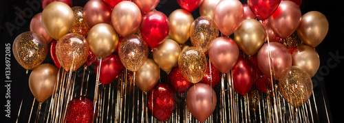 Party decoration photo zone with red and gold balls in up on the black background