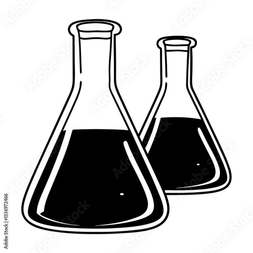 isolated Black and white drawing of an Erlenmeyer flasks in outline form, line art, isolated on white background




