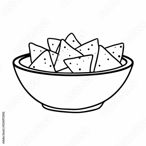 line art icon depict a bowl of tortilla chips. The chips are stacked in the center of the bowl, isolated on white background