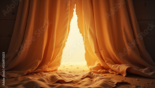 Torn veil illuminated by glowing light, representing Jesus' death