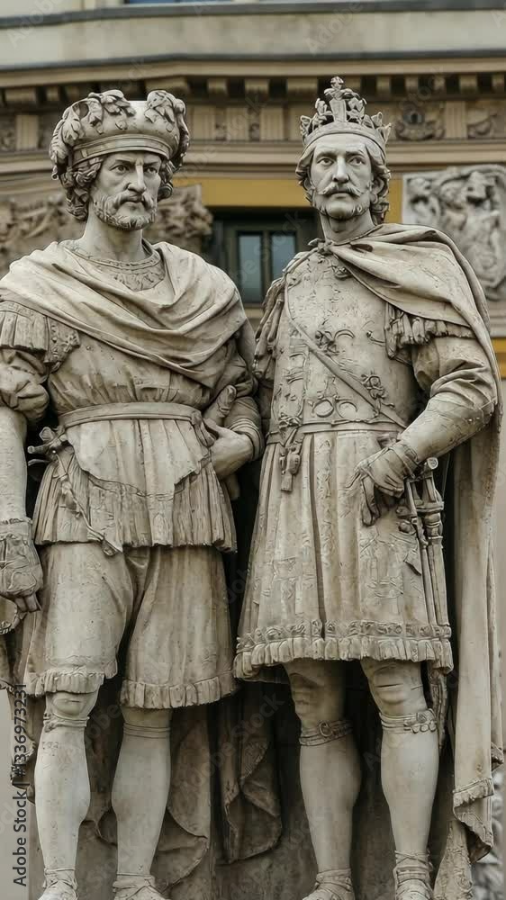Statues of historical figures in ornate attire standing in front of a classical building in the city center Statues of historical figures in ornate attire standing in front of a classical building in the city center