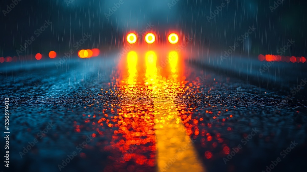 Rain-slick road, night driving, blurred lights