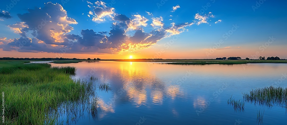 Sunset over calm lake, reflecting sky