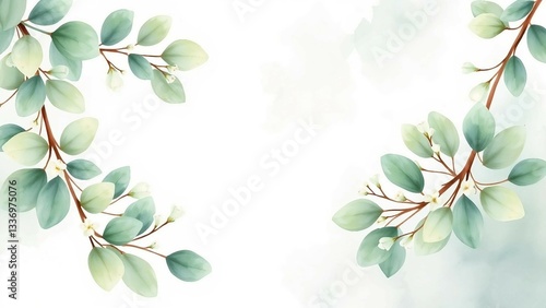 Rahmen aus Aquarell Eukalyptusblättern und kleinen weißen Blüten auf hellem Hintergrund. Ideal für natürliche Designs und botanische Hintergründe