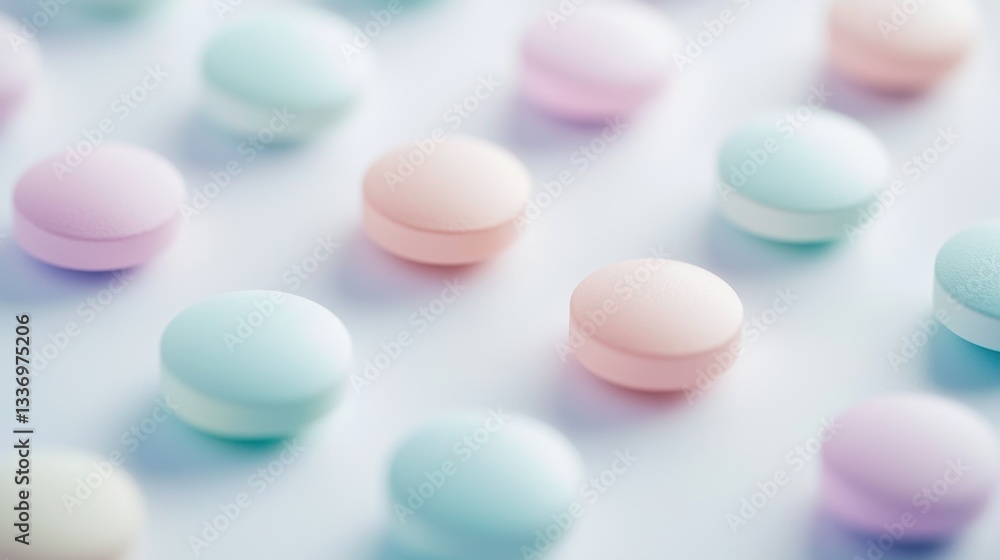 Pastel-colored candies are delicately arranged in rows on a light background, displaying an array of soft pink, blue, and green shades that create a visually appealing pattern Pastel-colored candies are delicately arranged in rows on a light background, displaying an array of soft pink, blue, and green shades that create a visually appealing pattern