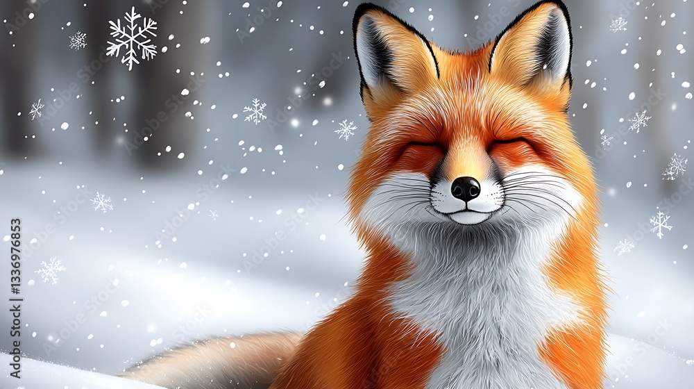 Fototapeta premium A smiling red fox enjoying the beauty of falling snowflakes outside