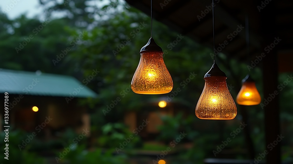 Illuminated lanterns, rain, lush greenery, bungalow