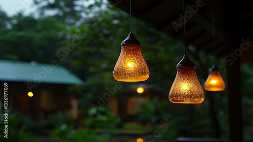 Obraz na płótnie Illuminated lanterns, rain, lush greenery, bungalow w salonie